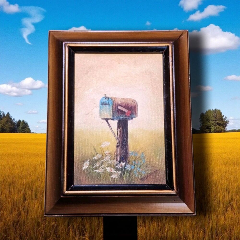 Vintage Barbara Erickson Painting Mailbox Wildflowers Gold Frame 10" Americana